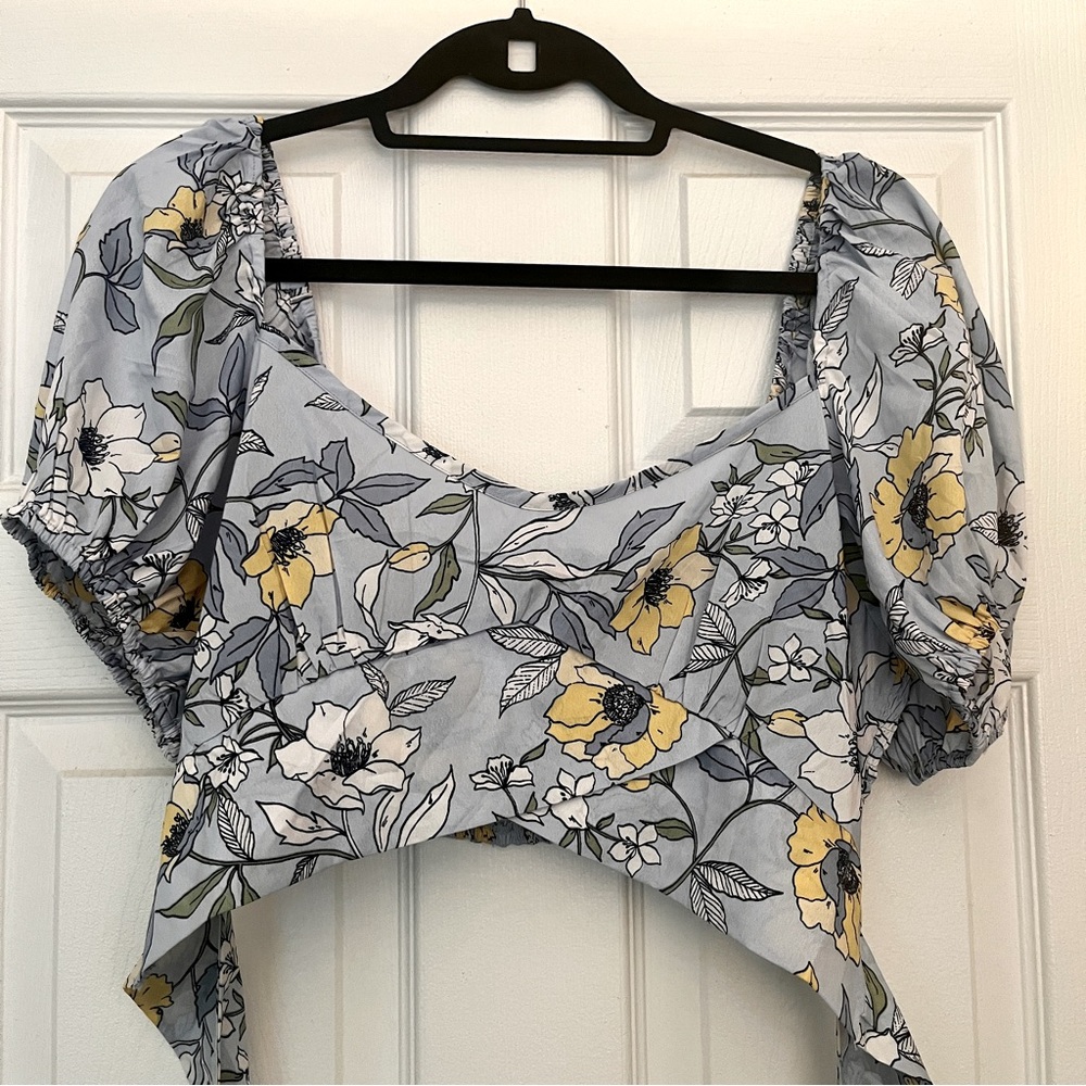Floral Puff-Sleeve Tie-Front Crop Top - Blue & Yellow
